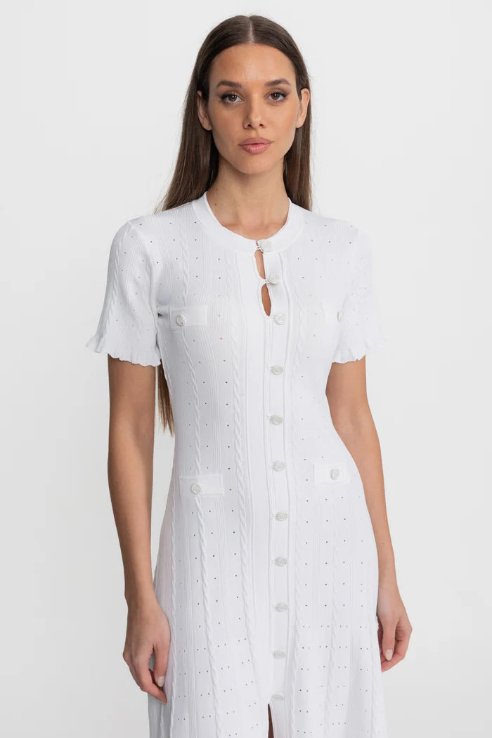 Knit bae Button-Front Midi Dress with Scalloped Sleeves – White