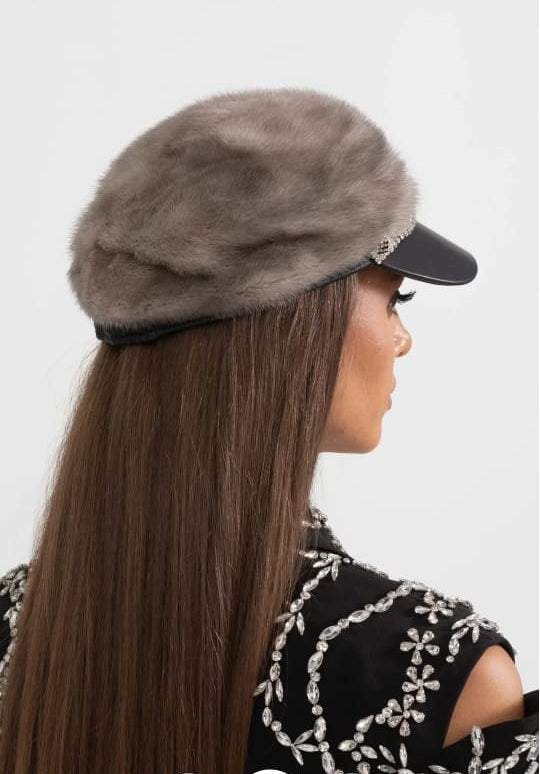 Mink Fur Hat With Leather Visor - Gray