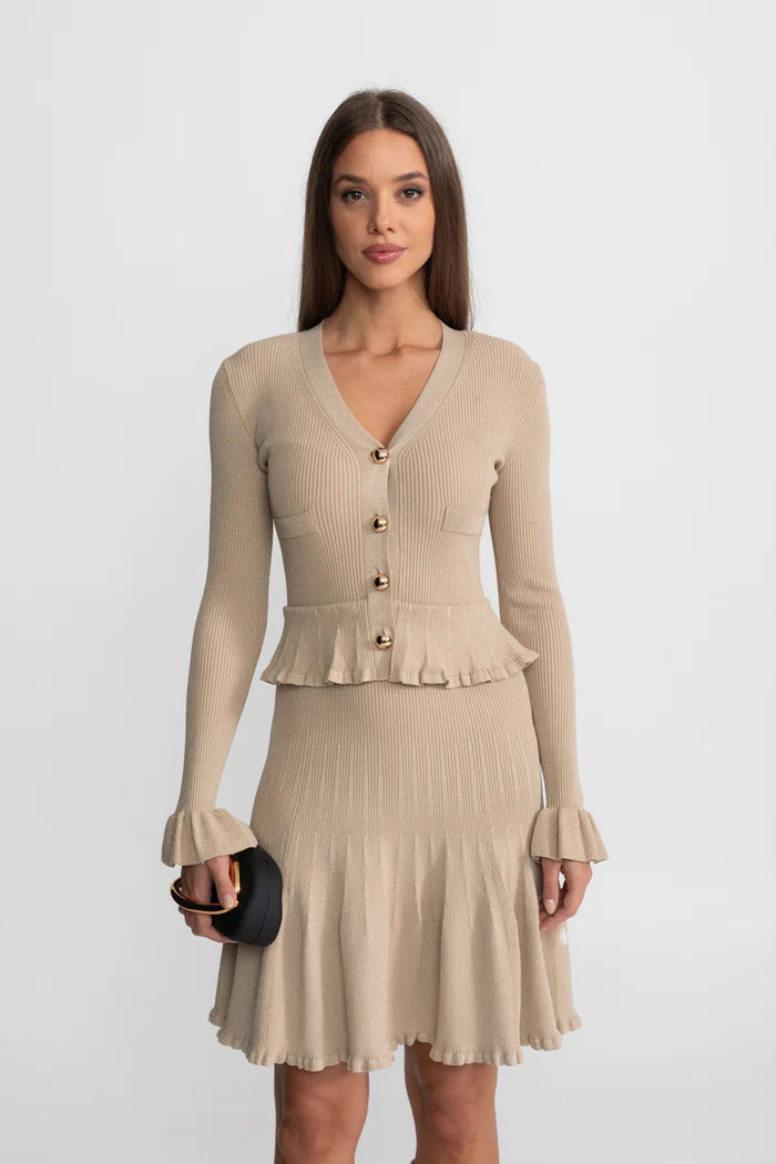 Ribbed Knit Dress With Peplum Waist And Flared Hem – Beige