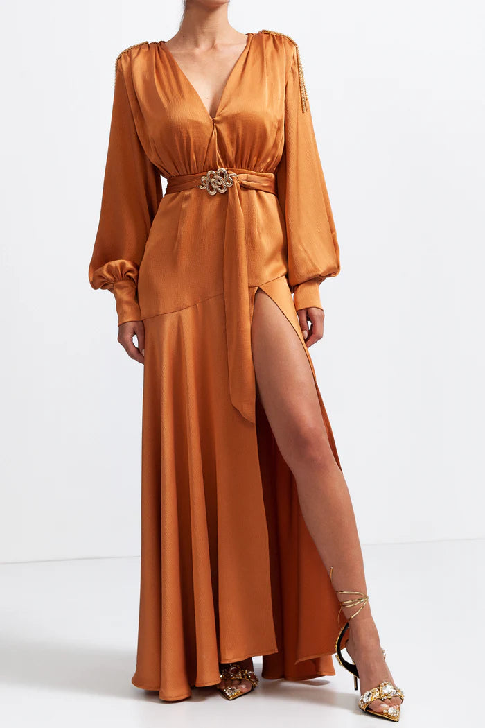 V-neck Maxi Dress with Golden Details - Caramel