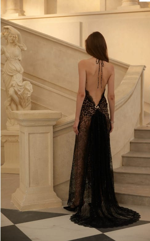 Alizée Brown Lace Panel Leopard Print Maxi Dress