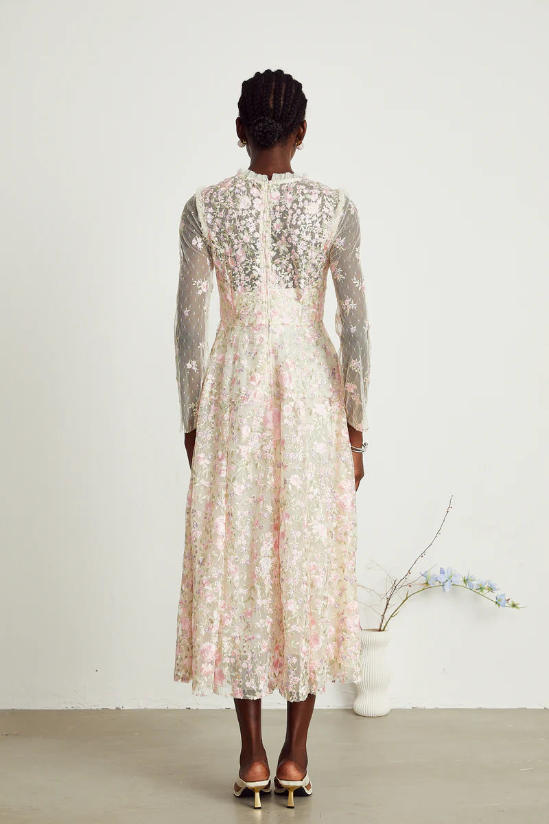 Lucie floral embroidered tulle midi dress
