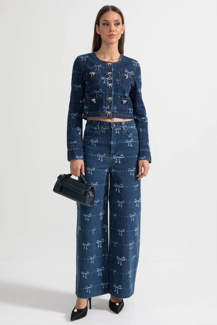 Denim-Koordinat-Ensemble mit langärmer Jacke und Weitbein-Jeans-Blau