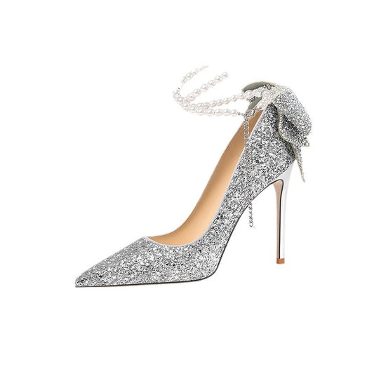 Fat widening  silver chop high heels