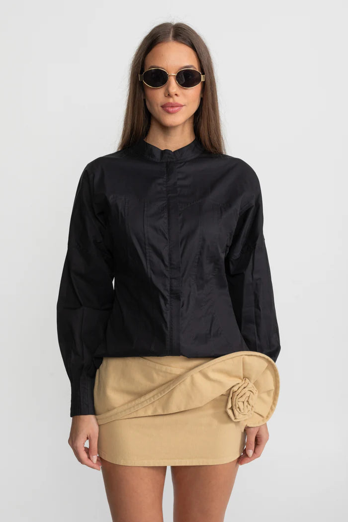 Structured Cotton Poplin Shirt With Corset Stitch Detailing – Black