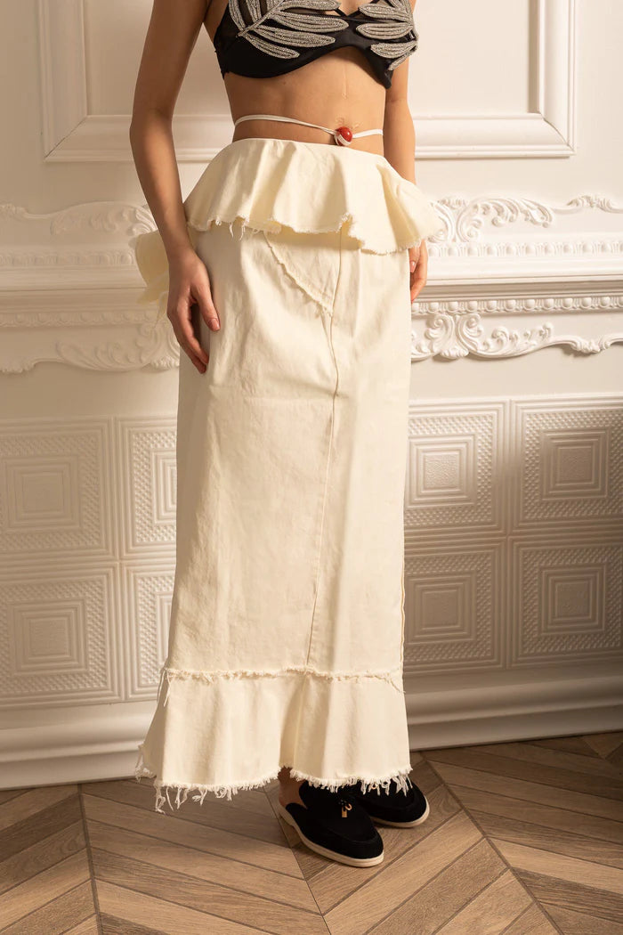 High-Waisted Skirt With Ruffled Top And Frayed Hem - Ivoire