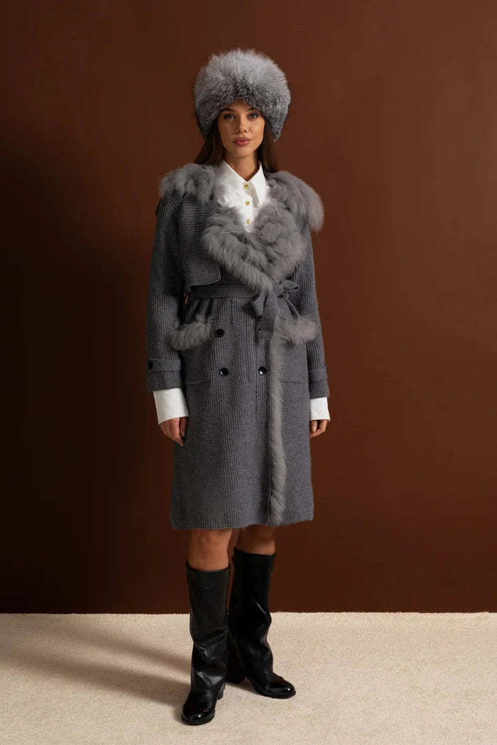Double-Breasted Wool Knit Overcoat With Fur Trim – Grey