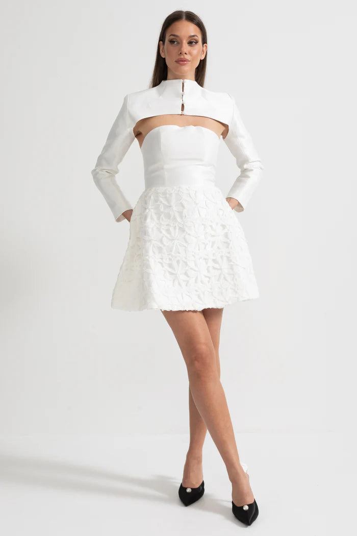 Textured Mini Dress with Detachable Sculptural Shoulder Bolero - White