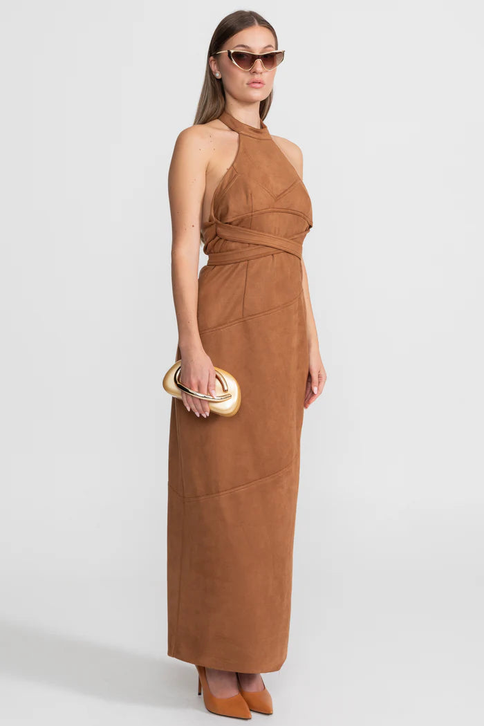 Suede Halterneck Wrap Maxi Dress – Cognac
