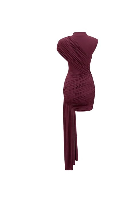 Fée Burgundy Asymmetrical Ruched Mini Dress