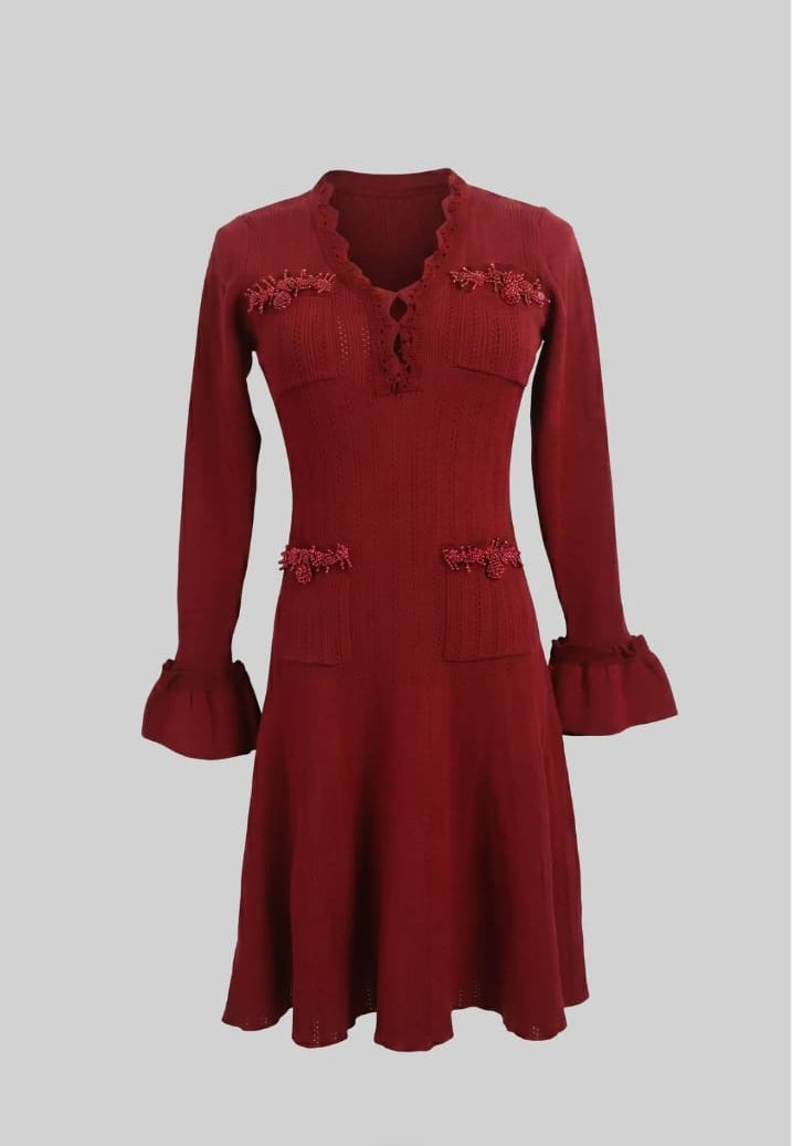 Long-Sleeve V-Neck Knit Mini Dress With Ruffle Hem And Bow Cuffs - Burgundy