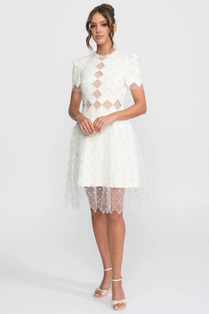 Diamond Cut-Out Beaded Dress With Pearl Trim - White