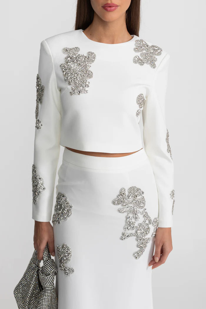 Embellished Co-Ord Set with Sparkling Crystal Embellishments - White