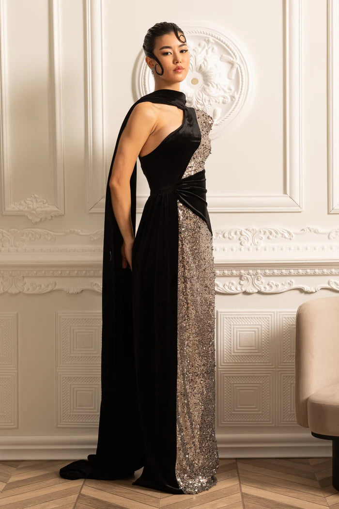 Glamorous Sequin Gown With Black Velvet Accents