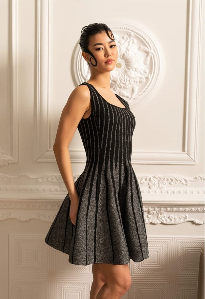 Elegant Mini Dress With Shimmering Silver Vertical Stripes - Black