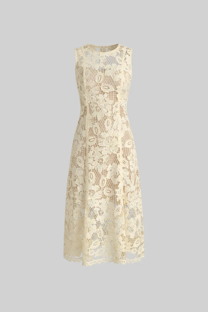 Lace Sleeveless Midi Dress With Round Neckline And Scalloped Hem - Yellow