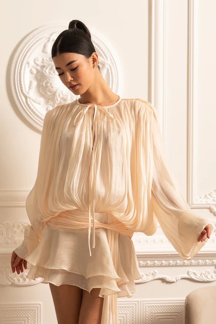 Draped Long-Sleeved Dress with Mini Skirt And Ruched Waistband - Ivoire