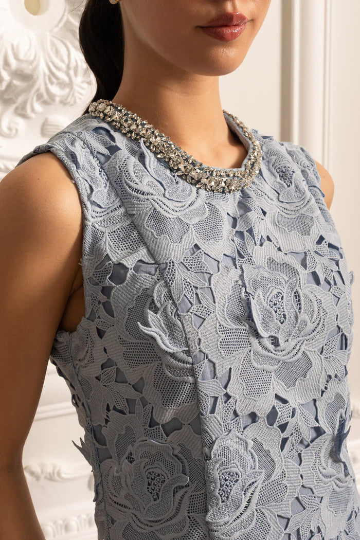 Floral Pattern Lace Mini Dress With Sparkling Neckline - Blue