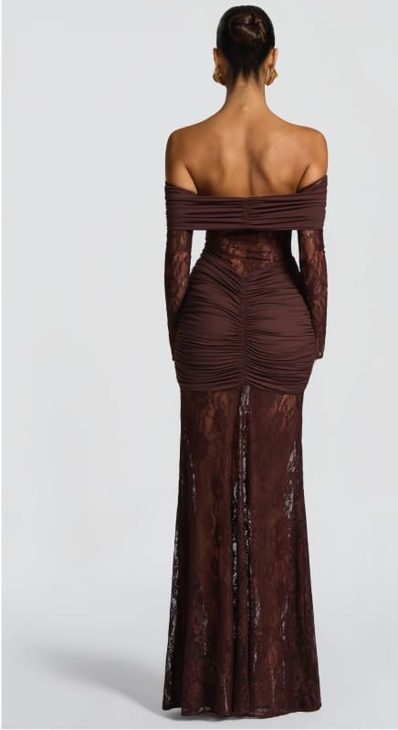 Brigitte Brown Lace Panel Ruched Maxi Dress