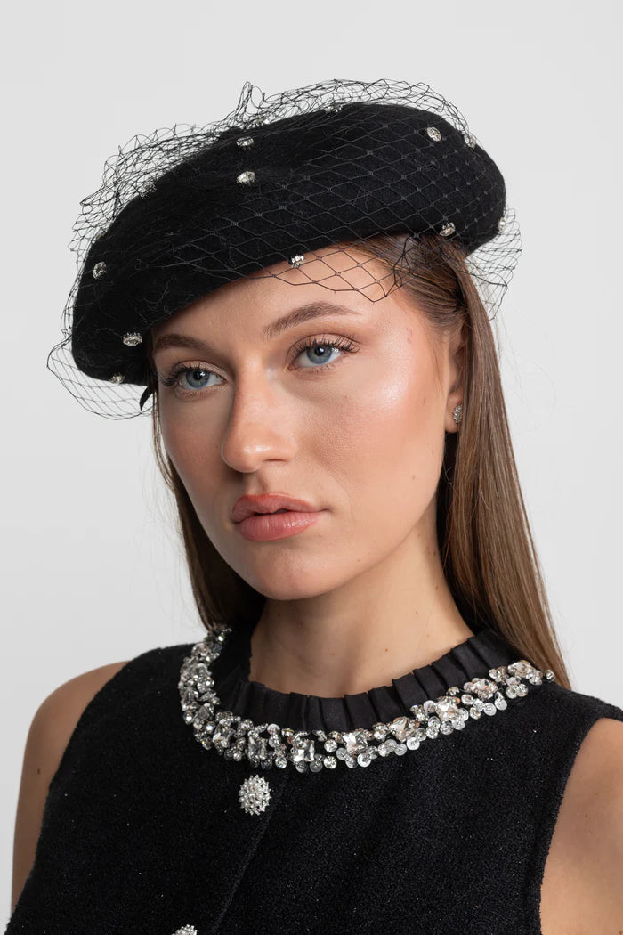 Embellished Wool Beret with Veil – Black