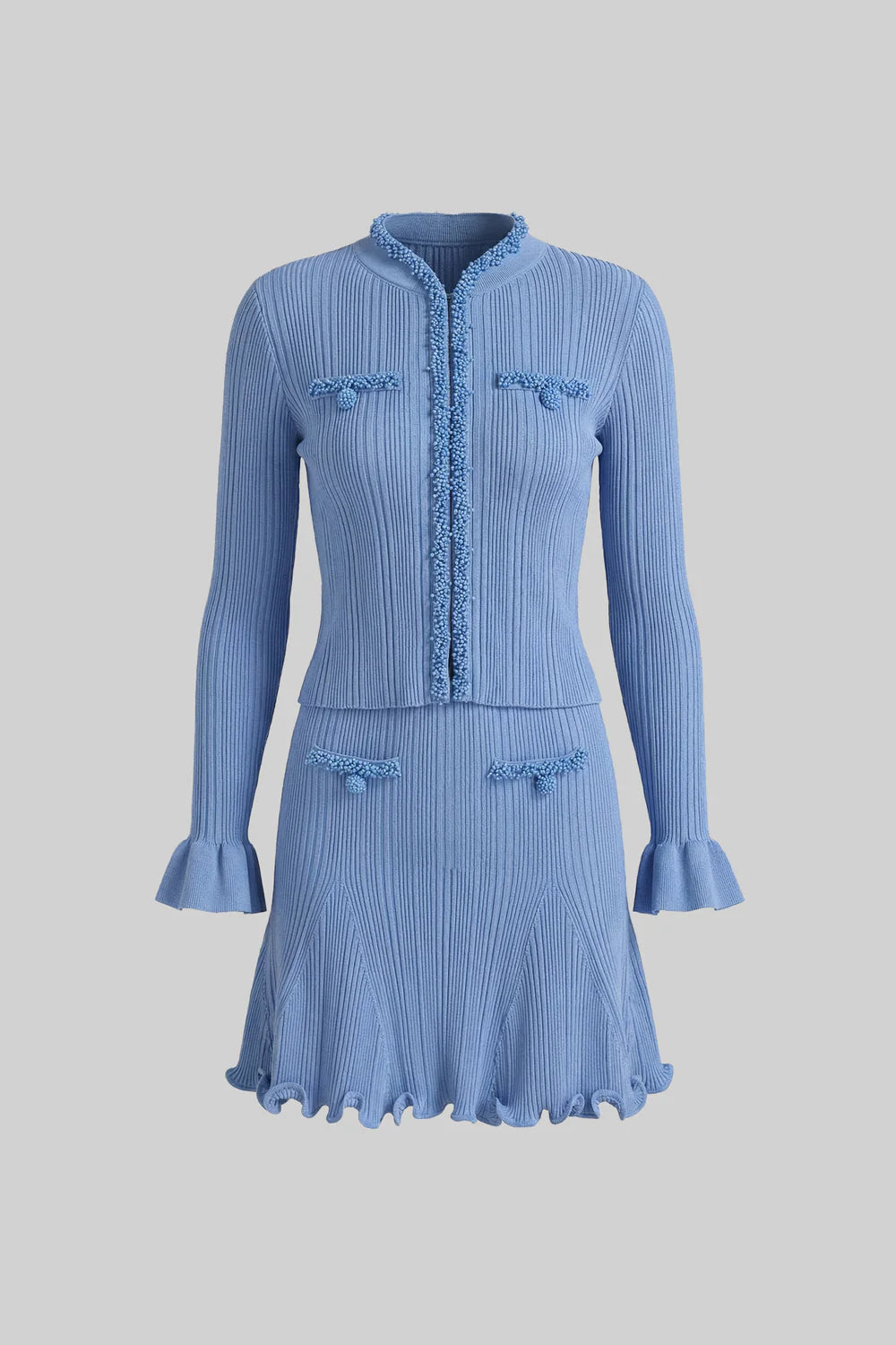 Ribbed Long Sleeve Set With Beaded Embellishments - Blue
