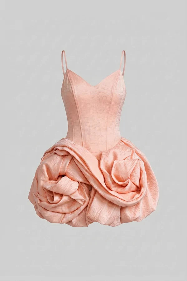 Spaghetti-Strap Velvet Mini Dress With 3D Rose Skirt - Pink