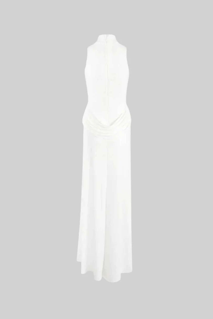 Sleeveless Maxi Dress with Draped Waist and Side Slit - White