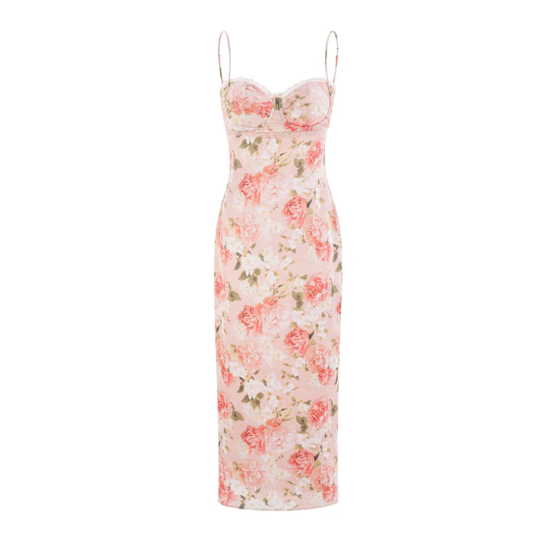 Yvette pink floral-print satin maxi dress