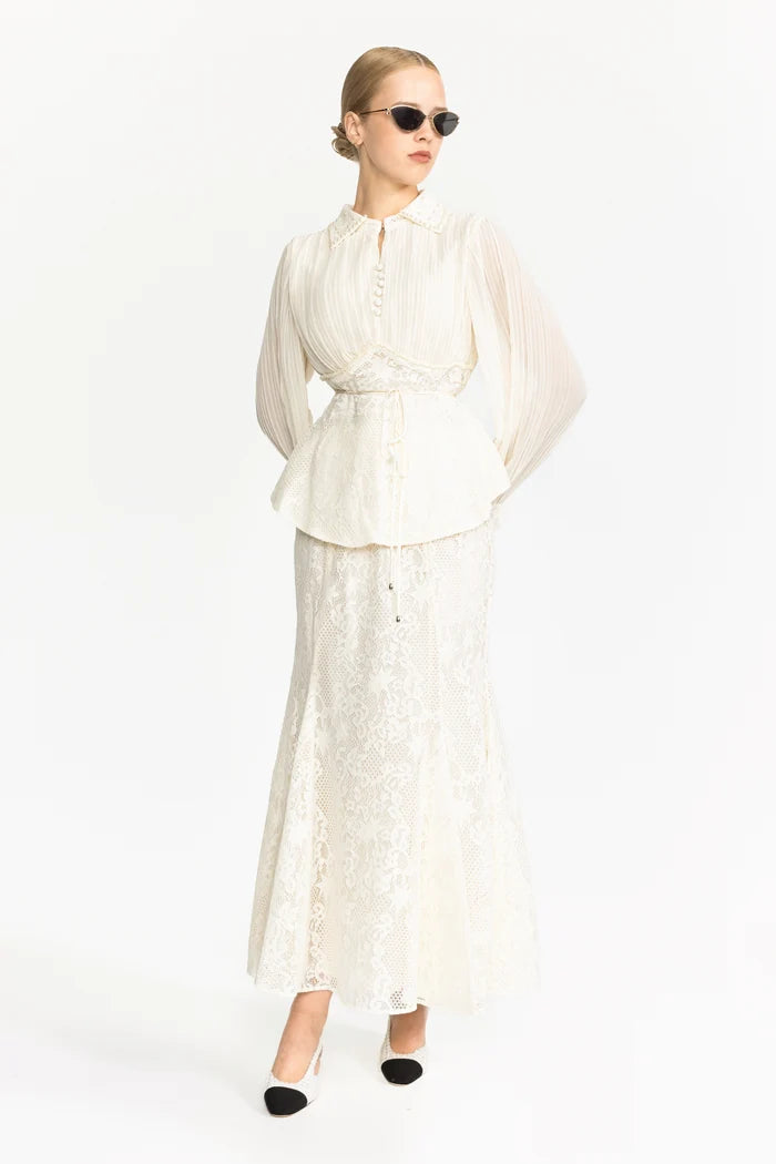Pleated Chiffon Lace Peplum Blouse and Maxi Skirt Set - Ivoire