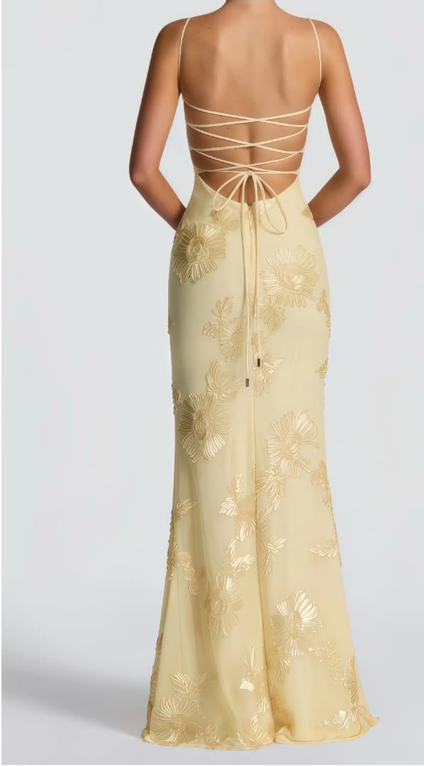 Théoline Yellow Floral Jacquard Corset Maxi Dress