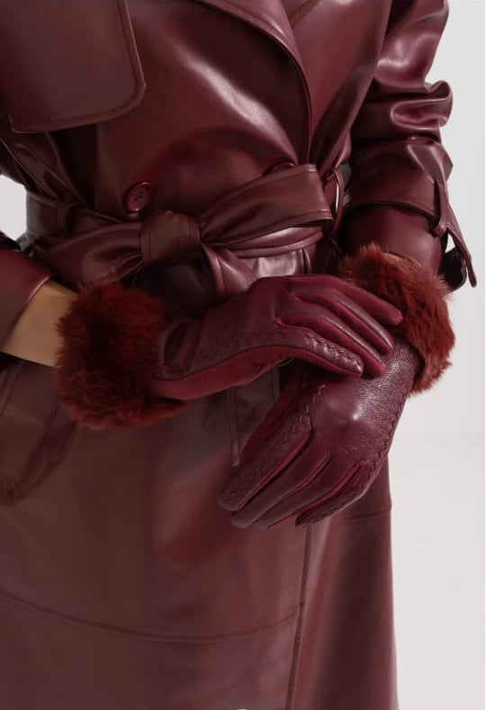 Vegan Leather Gloves With Fur Cuffs - Burgundy