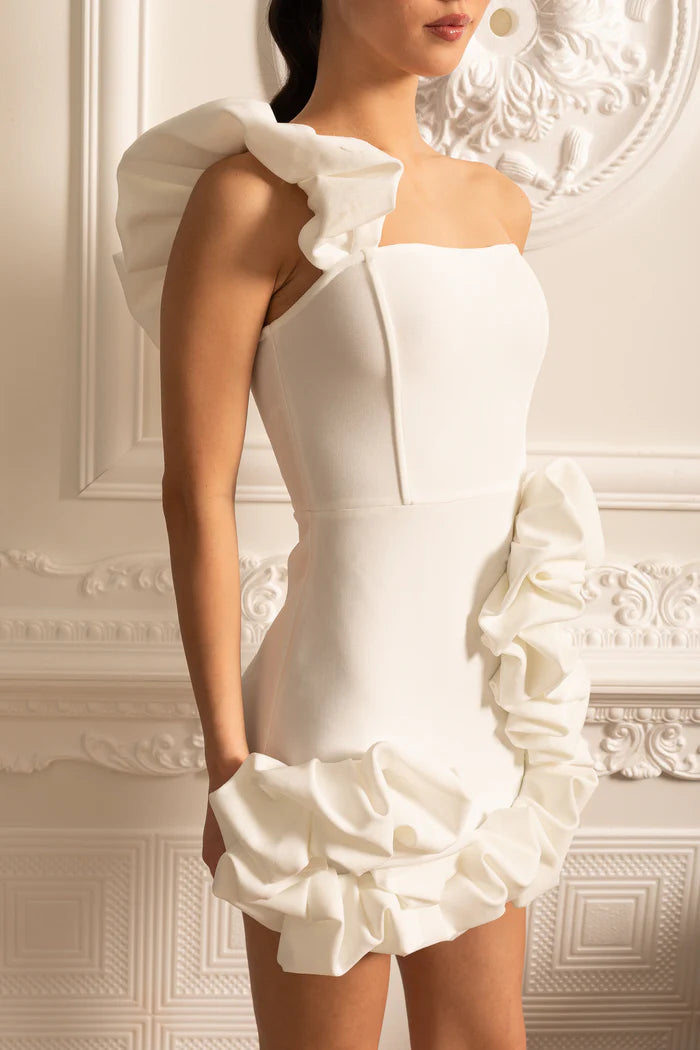 Floral Mini Dress With Ruffled Hem And Shoulder Strap - White