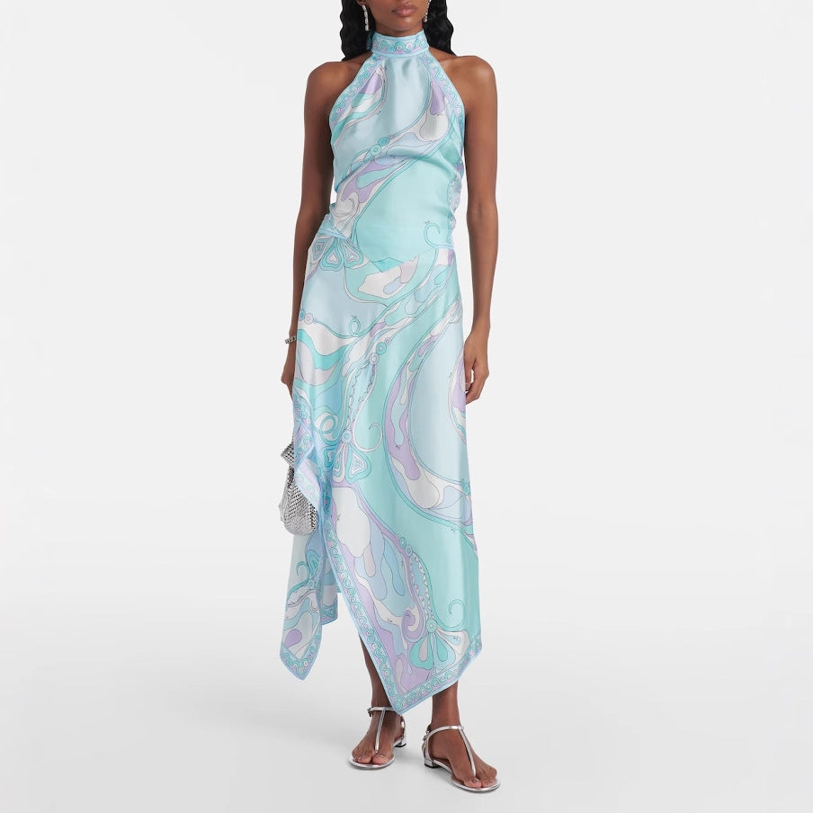 Printed satin hanging neck backless top irregular skirt two-piece suit