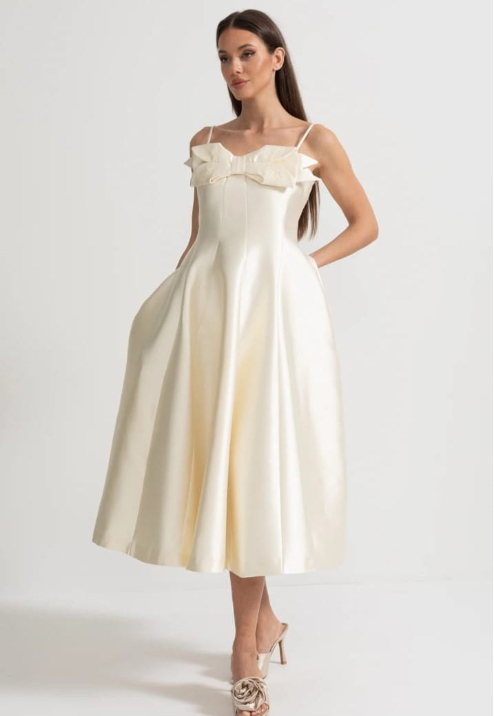 Midi Satin Dress With Fitted Bodice, Delicate Thin Straps And Bow Accent - Ivoire