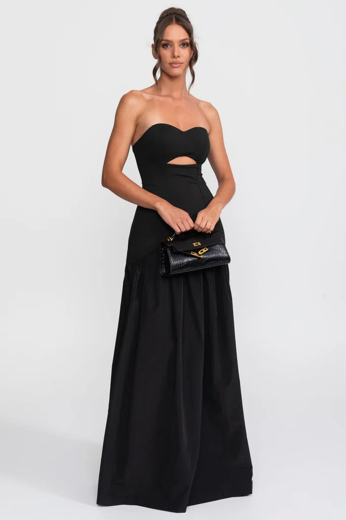 Cutout Sweetheart Drop-Waist Gown With Gathered Skirt - Black