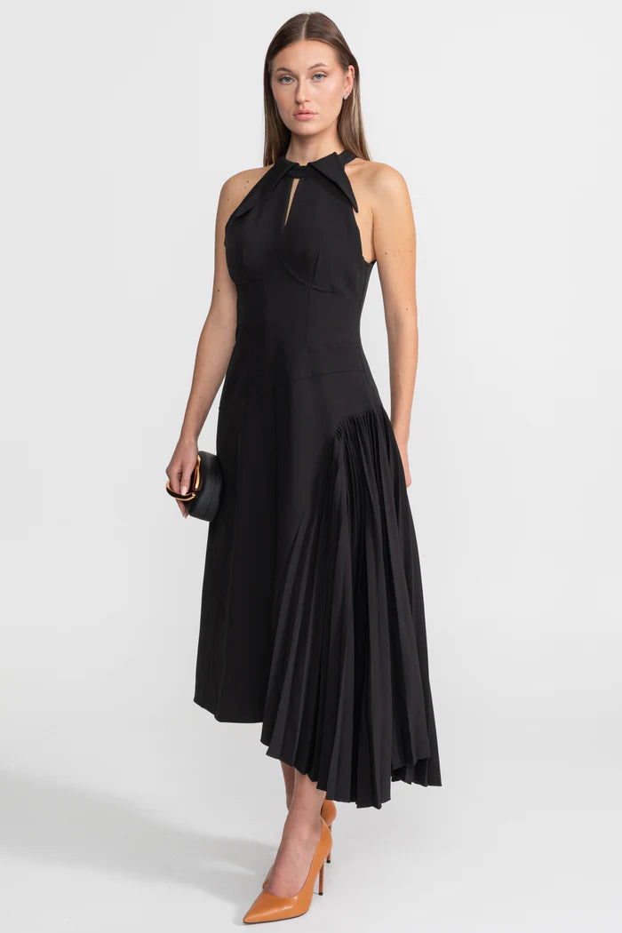 Pleated Halter Midi Dress With Keyhole Detail - Black