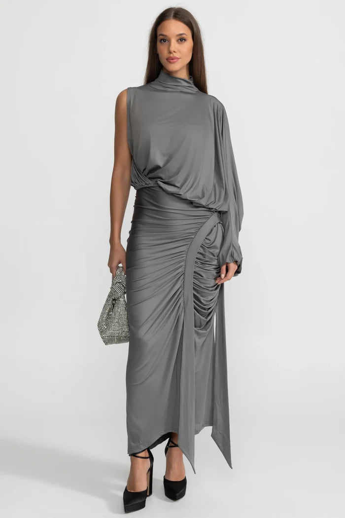 Draped Asymmetric Top and Ruched Maxi Skirt Co-Ord Set – Steel Grey