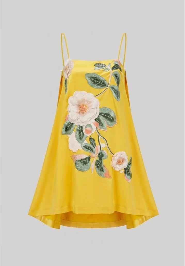 Spaghetti-Strap Mini Dress With 3D Floral Appliqué And A-Line Skirt - Yellow