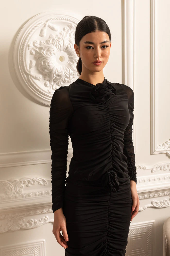 Ruched Two Piece Co-Ord Set Set With Front 3D Flowers - Black