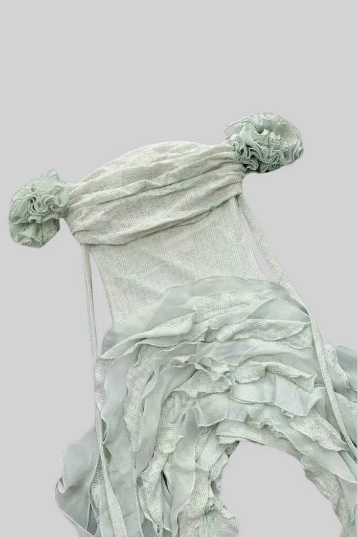 Vintage inspiriertes Korsettkleid mit gerissenem Bustier und fließenden, gekräuselten Seitendetails - Grün