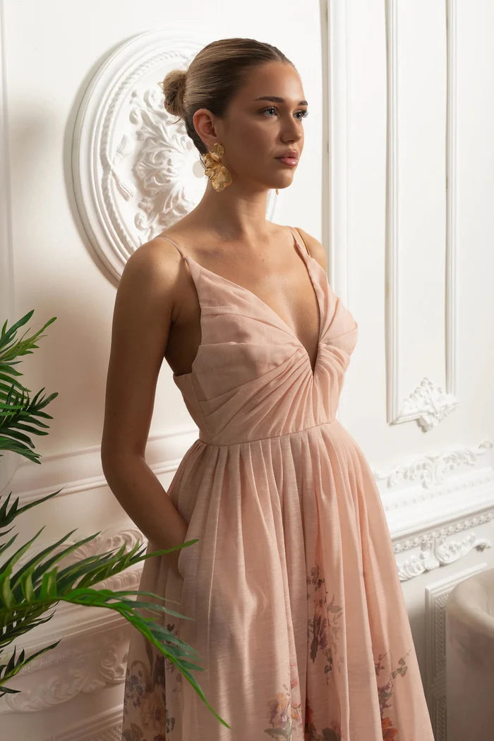 Ruched Bodice Strappy Midi Dress with Smocked Back and Gathered Skirt- Blush