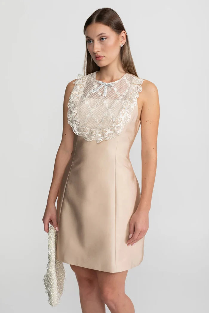 Lace Bib Detail Mini Dress – Nude