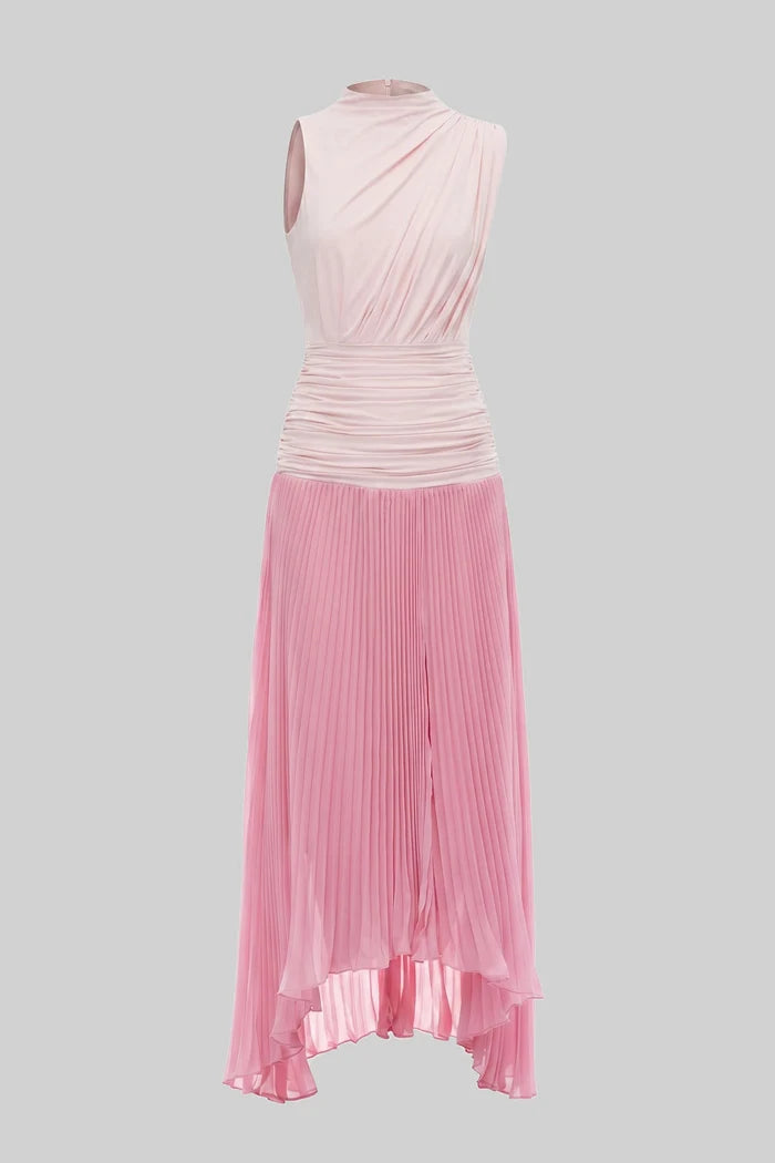 Halter Neck Pleated Maxi Dress With Gathered Waist Detail - Pink