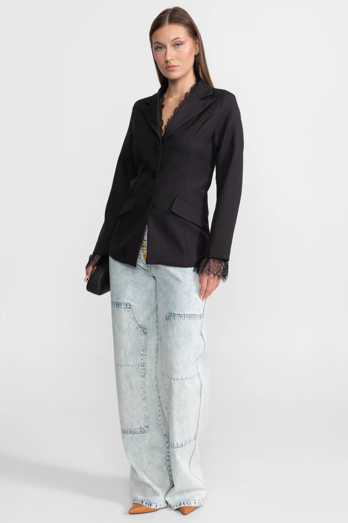 Tailored Lace-Trim Blazer With Tonal Button Closure – Black
