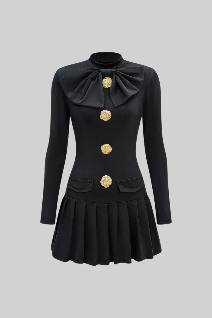 Bow-Neck Pleated Mini Dress with Gold Buttons – Black