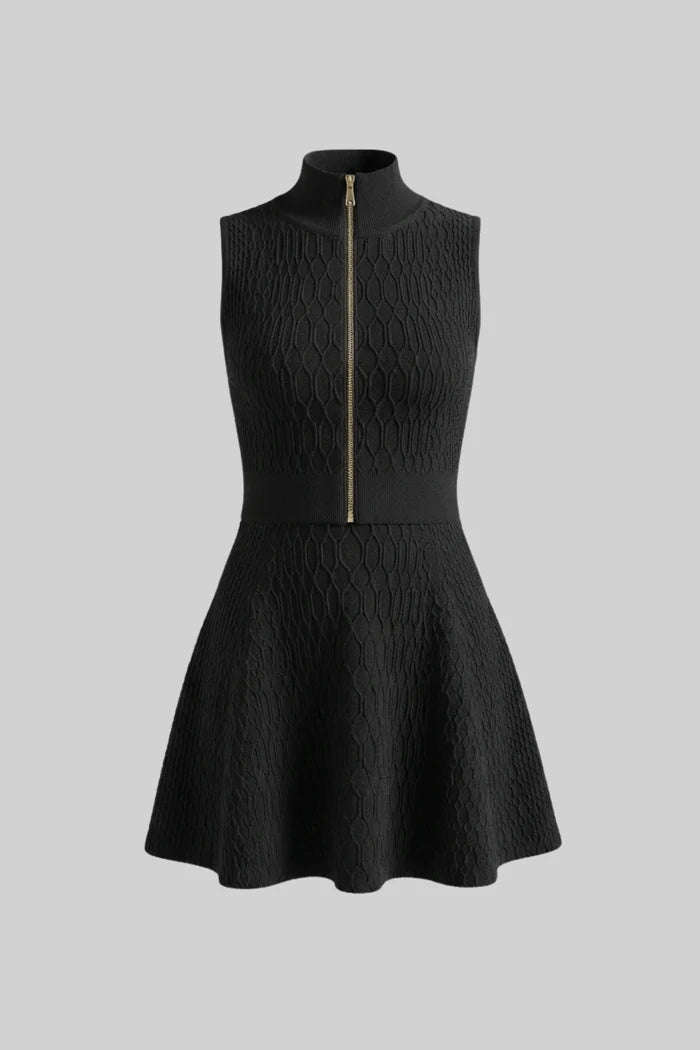 Textured Co-Ord Set With Sleeveless High Neck Top And Matching Mini Skirt - Black