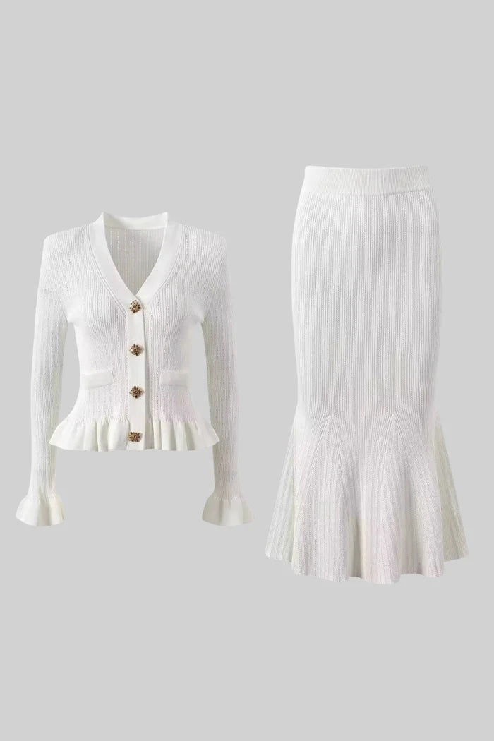 Ruffled Jacket & Flared Skirt Knit Matching Set - White