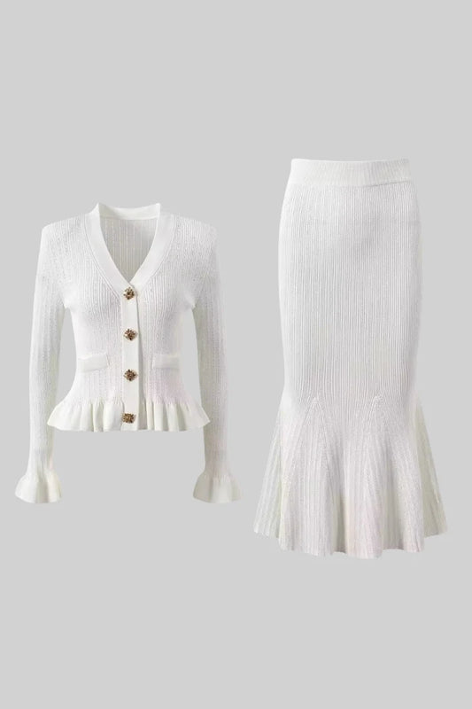 Ruffled Jacket & Flared Skirt Knit Matching Set - White