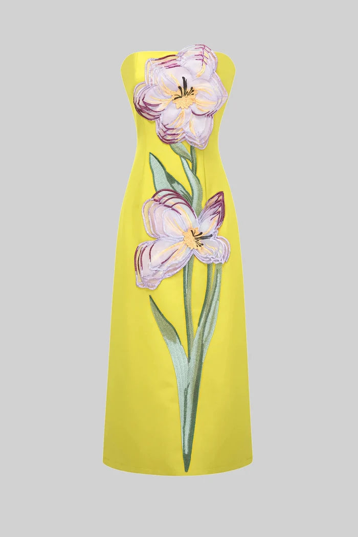 Strapless Floral-Print Midi Dress With Column Silhouette - Yellow