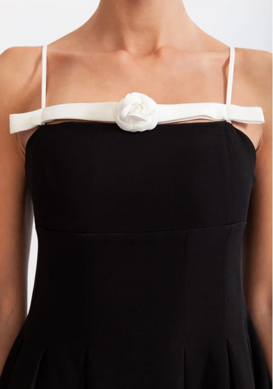 Flower Detail Mid-Calf Dress - Black